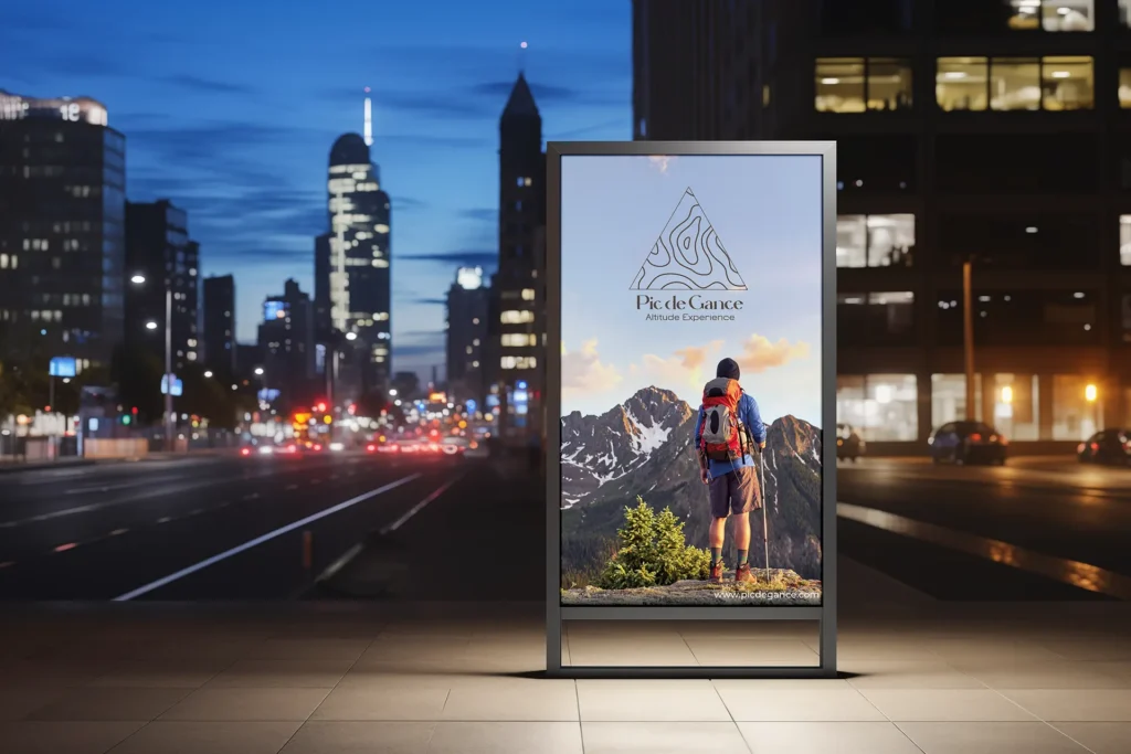 Affichage publicitaire urbain de nuit pour Pic de Gance, design par Ambre