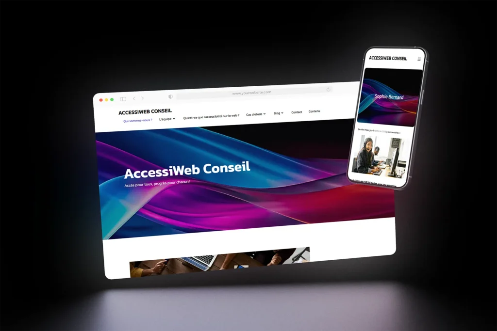 Mockup du site AccessiWeb Conseil sur écran noir, design UI par Ambre