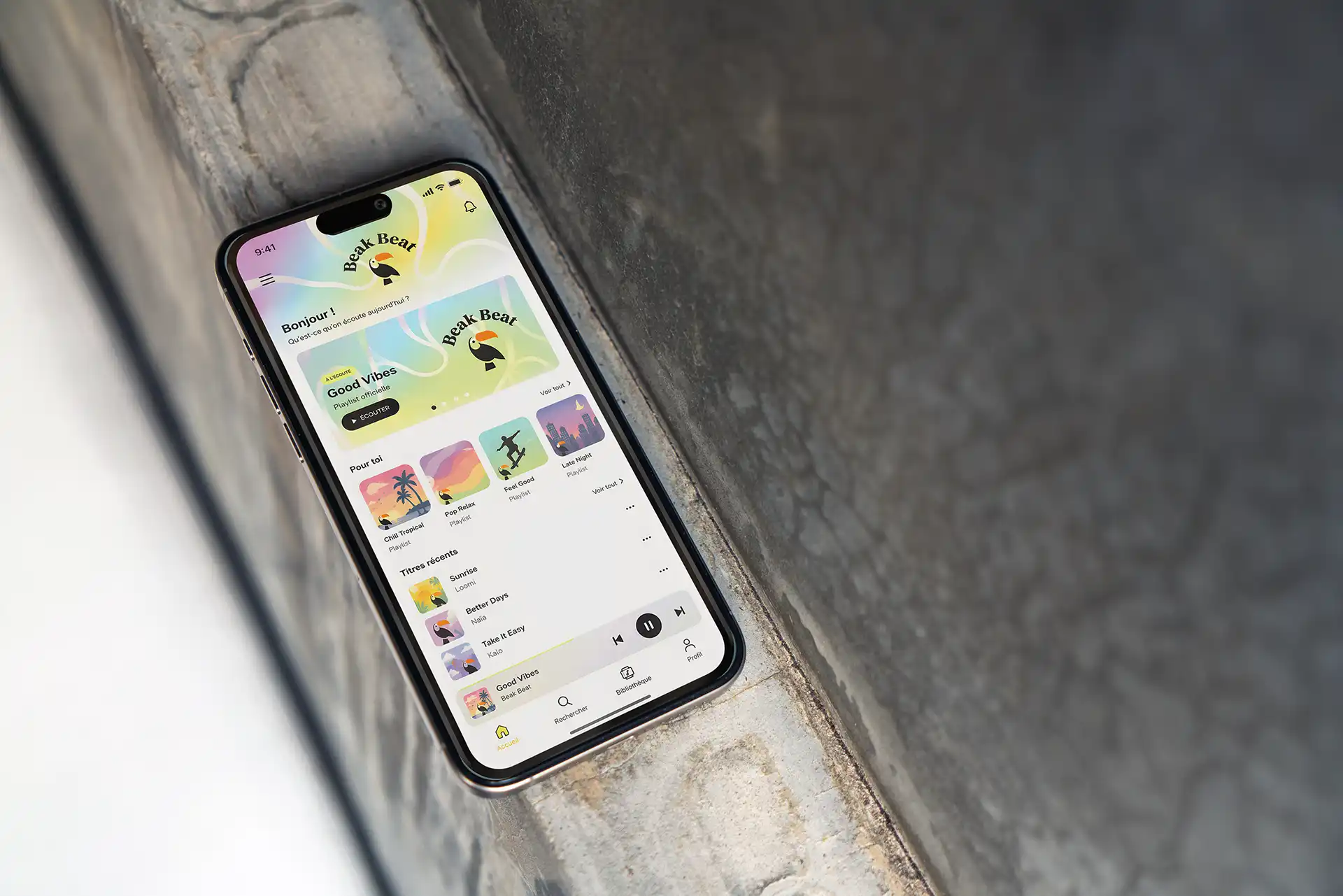 Écran d'accueil complet de l'application Beak Beat, design UI par Ambre