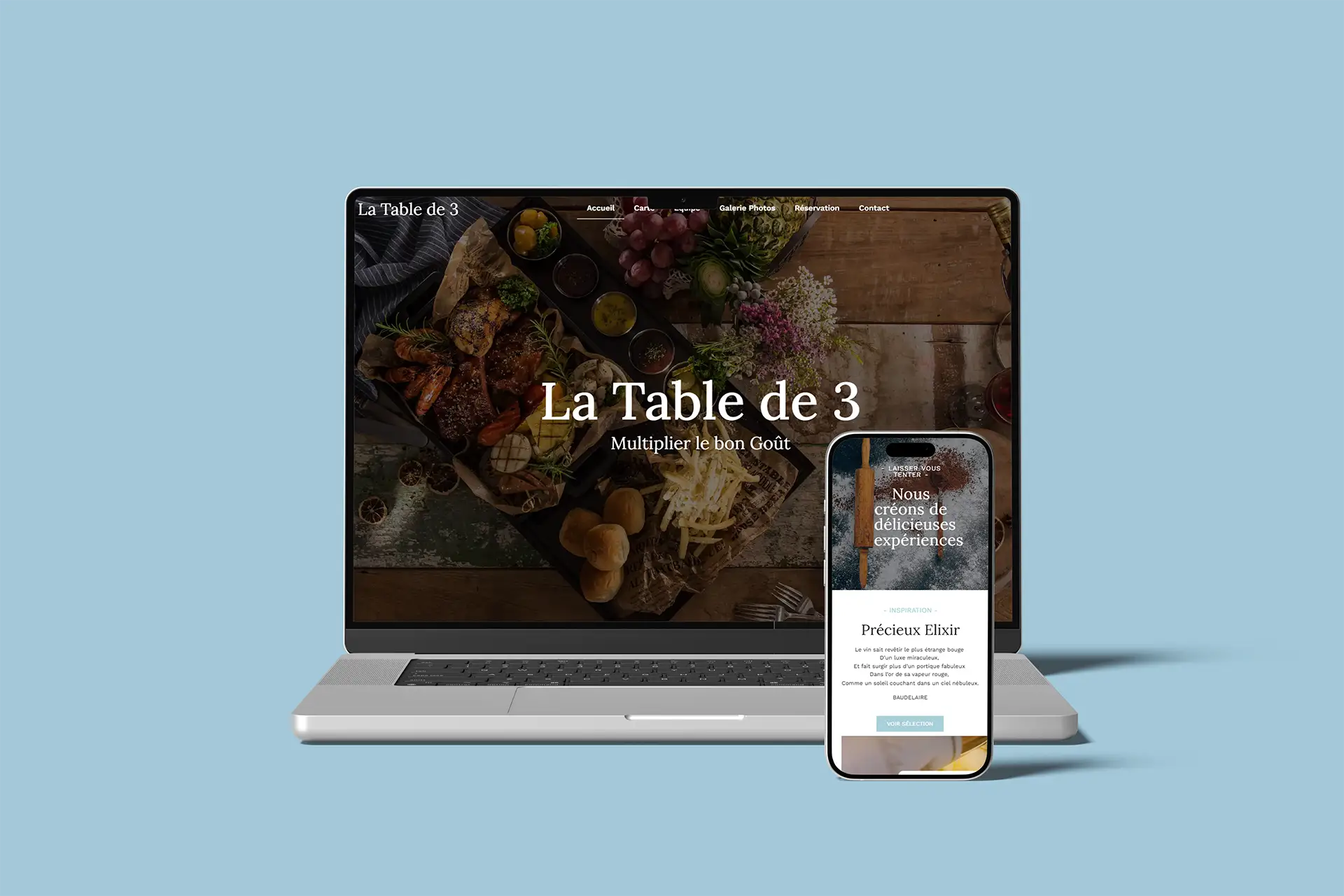 Mockup responsive du site restaurant La Table de 3 design UI par Ambre à Bordeaux