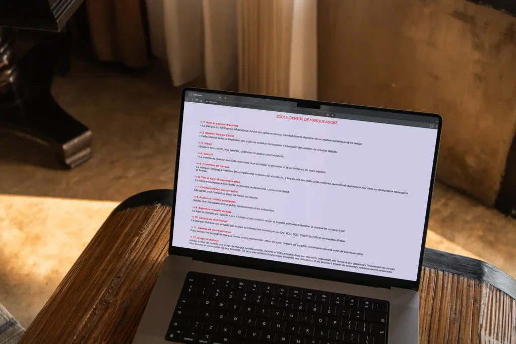 Mockup du socle d'identité de marque Adobe en douze points clés, analyse stratégique par Ambre